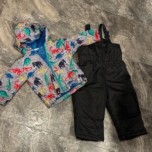 Colorful Dinosaur Print Jacket and Black Snow Pants Set